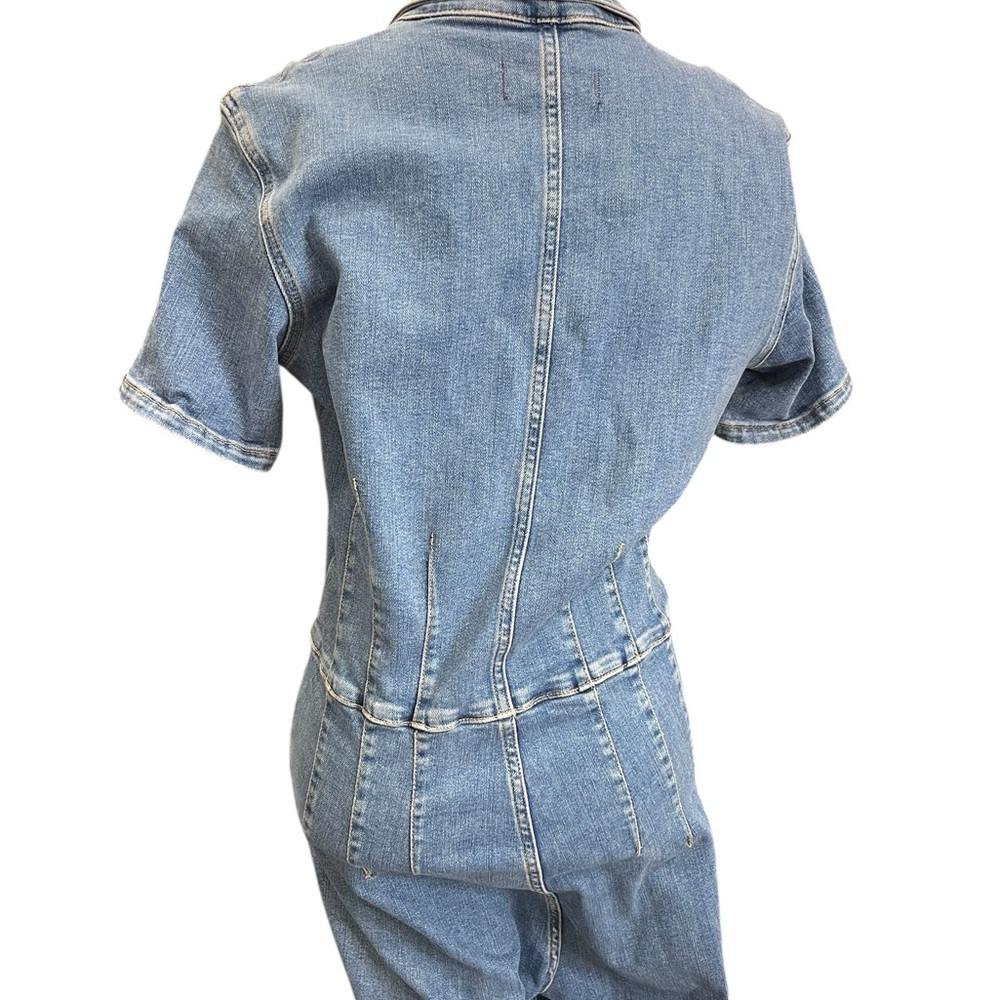 Free People We The Free Denim Zip Front Flare Jumpsuit Blue Large Boho - Picture 6 of 11
